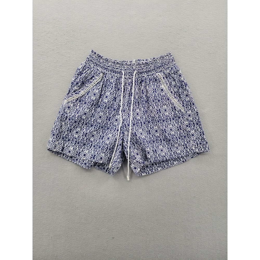 Briggs Womens Small Blue White Ikat Print Smocked Drawstring Shorts Boho Casual‎